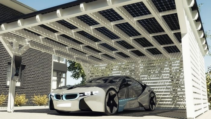 Mockup of BMW's i8 under a SOLARWATT carport