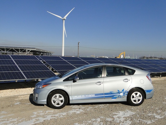 Wind, solar and hybrid cars are happy pals. Courtesy, NREL. 