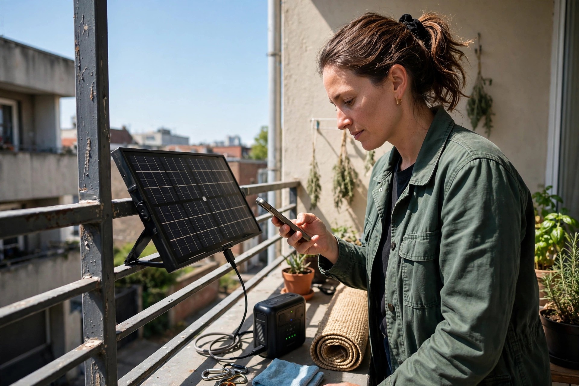 Person on an apartment balcony checking a small solar panel setup