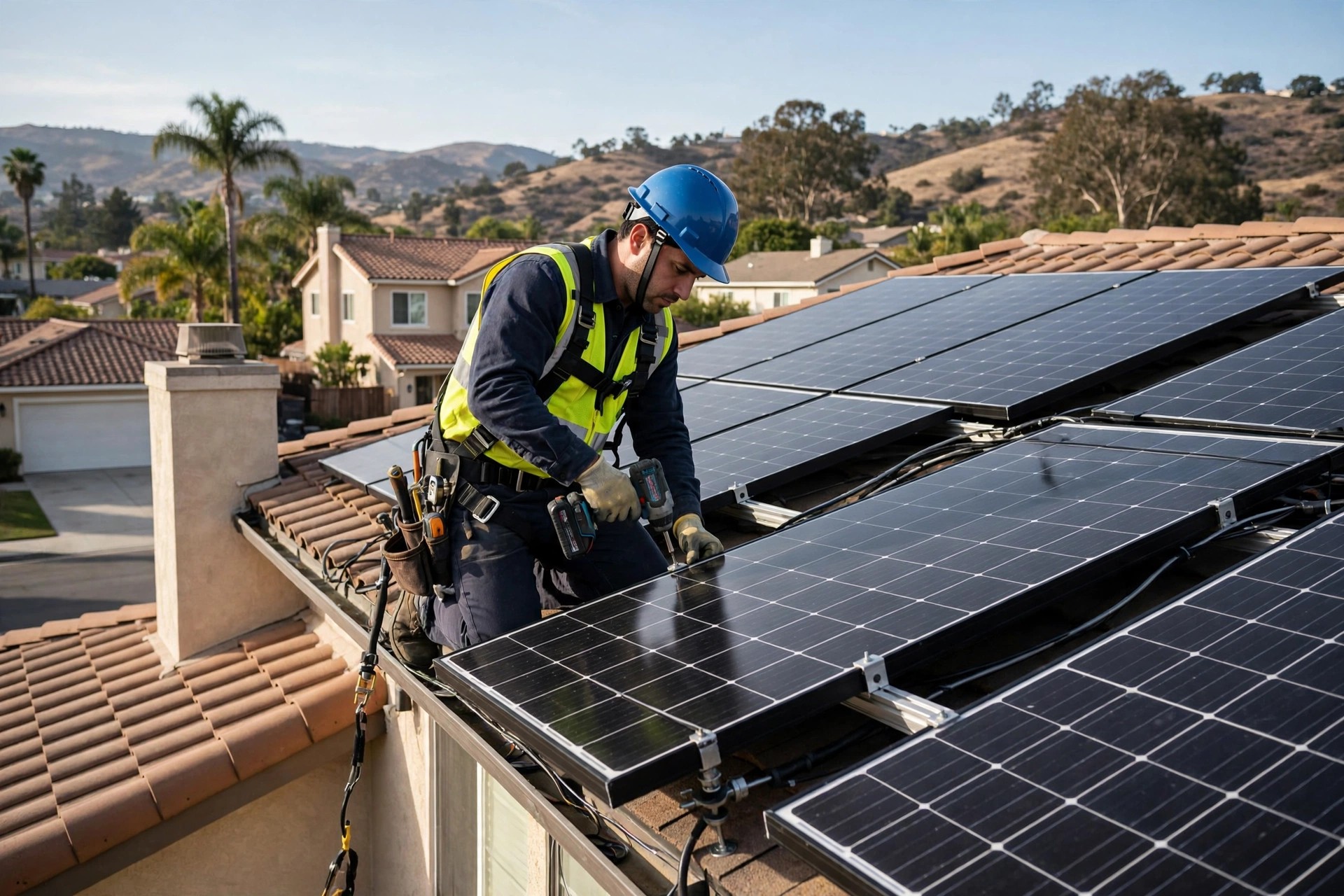 Solar installer finishing a rooftop solar installation before final inspection