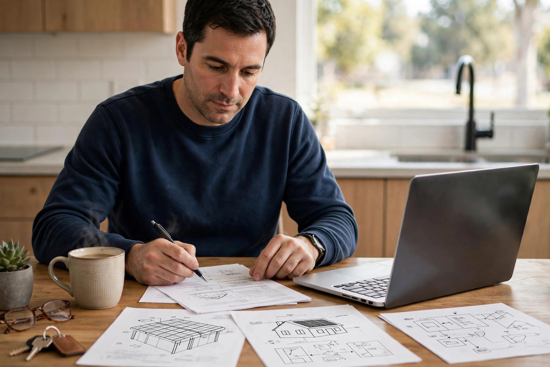 Homeowner reviewing solar system completion paperwork at a kitchen table