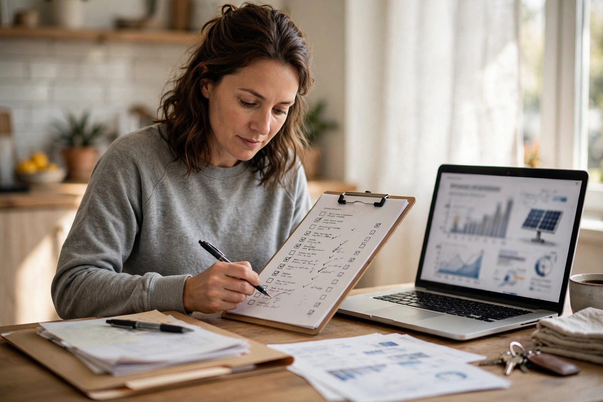 Homeowner reviewing solar paperwork and checklist at a kitchen table