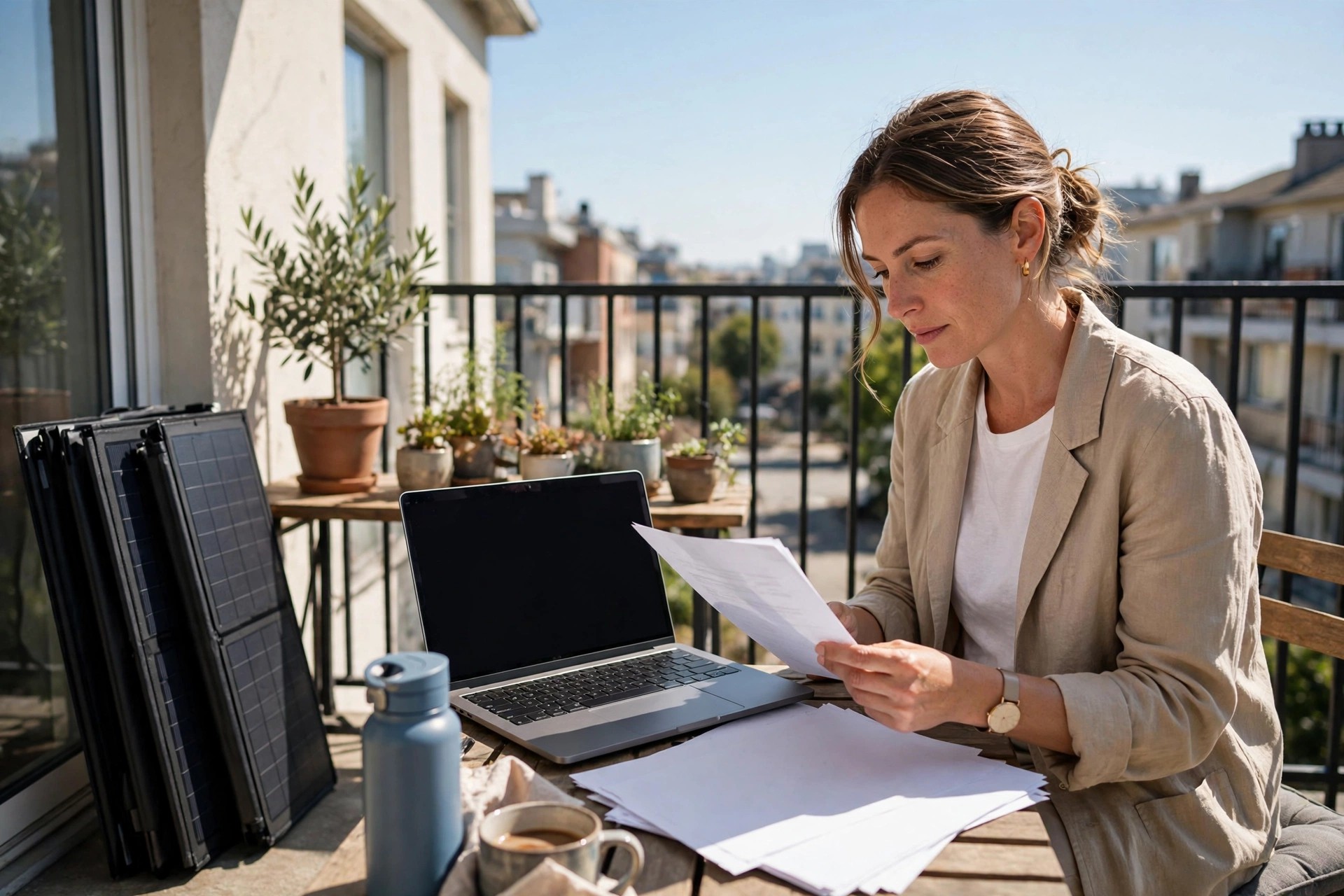 Homeowner on an apartment balcony reviewing plug-in solar paperwork