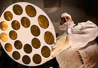 Spectrolab PV cells during the manufacturing process. Courtesy Boeing.