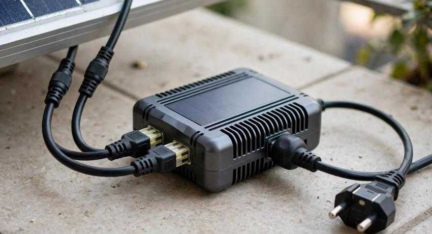 Microinverter with cables connecting a solar panel to a household power plug
