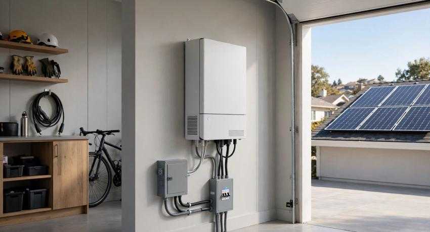 Wall-mounted home battery storage paired with solar panels in a garage