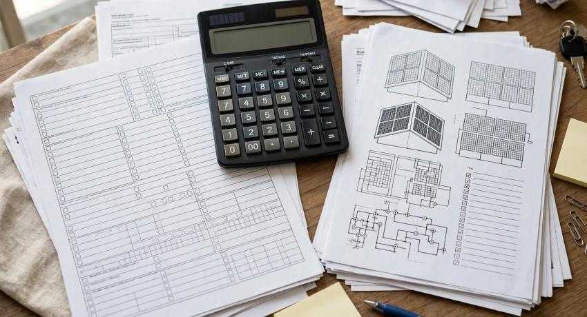 Tax forms, calculator, and solar installation paperwork on a desk