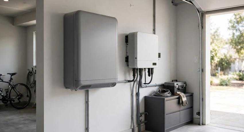 Wall-mounted home battery storage in a residential garage