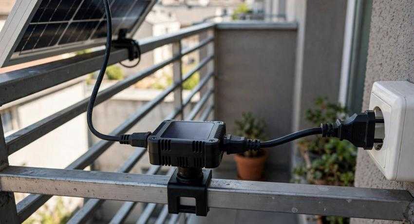 Microinverter with cables connecting a solar panel to a household power plug