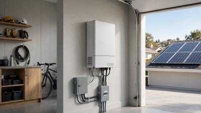 Wall-mounted home battery storage paired with solar panels in a garage