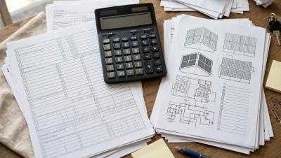 Tax forms, calculator, and solar installation paperwork on a desk