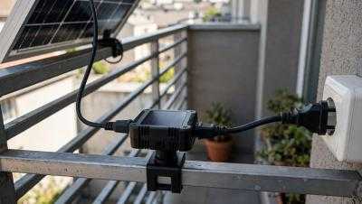 Microinverter with cables connecting a solar panel to a household power plug
